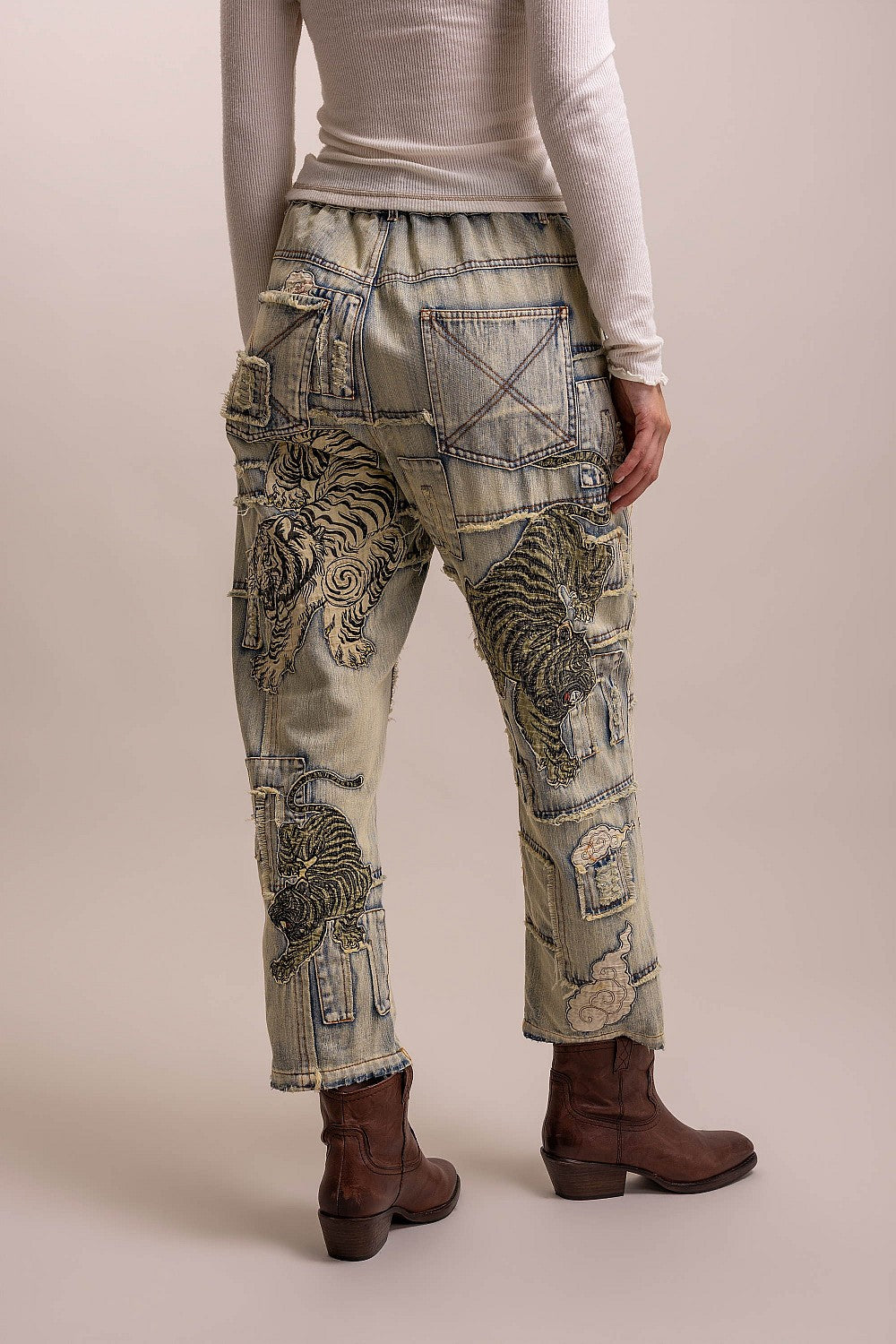 PREORDER - Here Kitty Kitty Patchwork Tiger Denim Pants