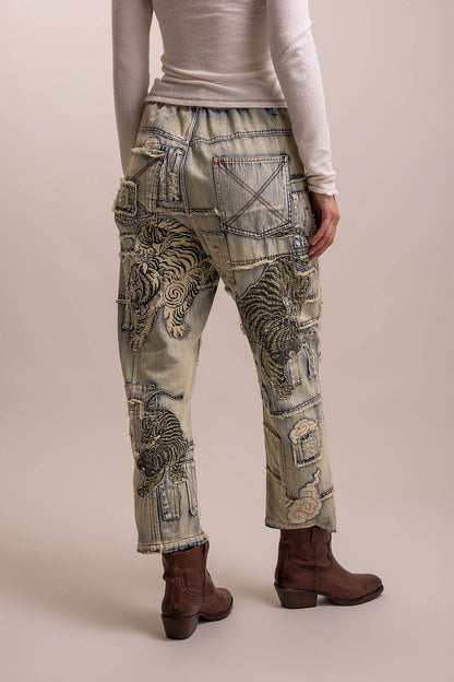 PREORDER - Here Kitty Kitty Patchwork Tiger Denim Pants