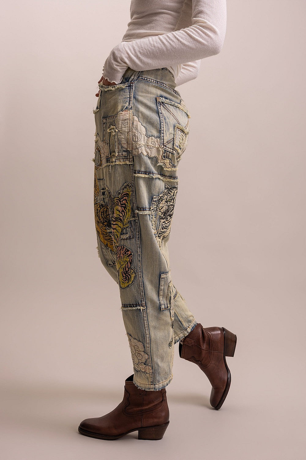 PREORDER - Here Kitty Kitty Patchwork Tiger Denim Pants