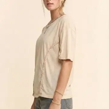 Braided Seam Detailed Drop Shoulder Top in Beige - ivyandlavyboutique Davi & Dani