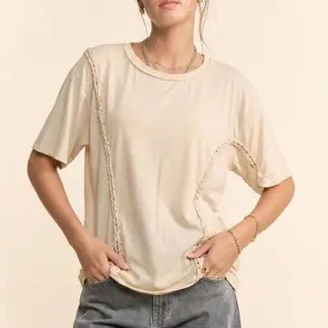 Braided Seam Detailed Drop Shoulder Top in Beige - ivyandlavyboutique Davi & Dani