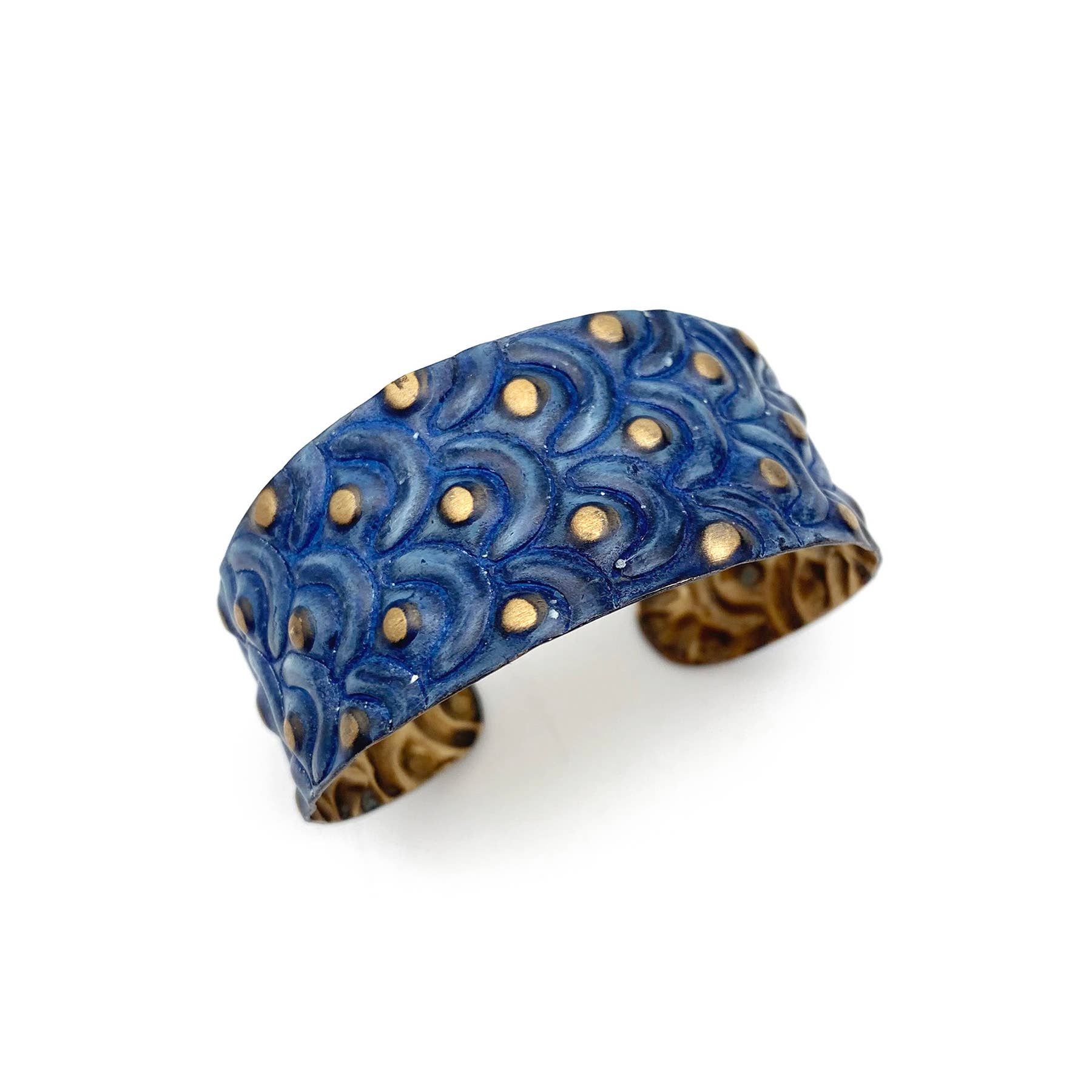 Brass Patina Bracelet - Cobalt Blue Waves and Dots - ivyandlavyboutique Anju Jewelry