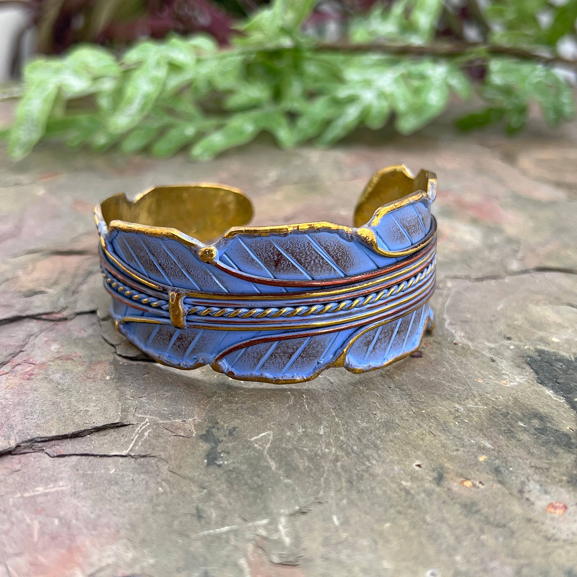 Brass Patina Cuff Bracelet - Blue Leaf - ivyandlavyboutique Anju Jewelry