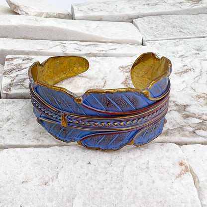 Brass Patina Cuff Bracelet - Blue Leaf - ivyandlavyboutique Anju Jewelry