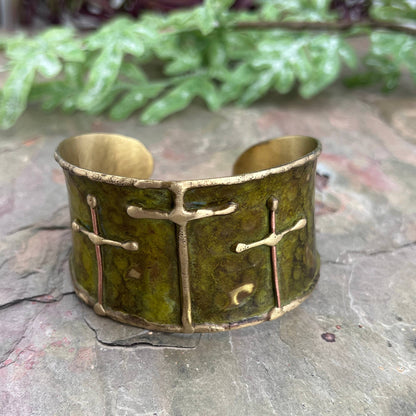Brass Patina Cuff Bracelet - Green Crosses - ivyandlavyboutique Anju Jewelry