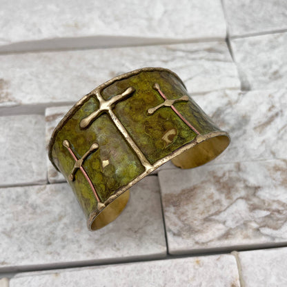 Brass Patina Cuff Bracelet - Green Crosses - ivyandlavyboutique Anju Jewelry