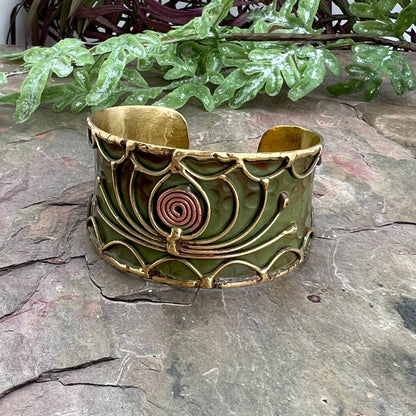 Brass Patina Cuff Bracelet - Green Open Lotus - ivyandlavyboutique Anju Jewelry