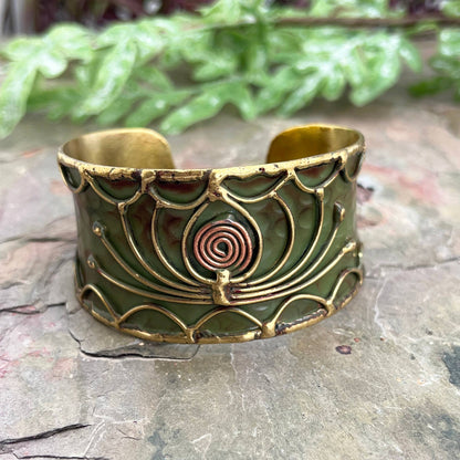 Brass Patina Cuff Bracelet - Green Open Lotus - ivyandlavyboutique Anju Jewelry