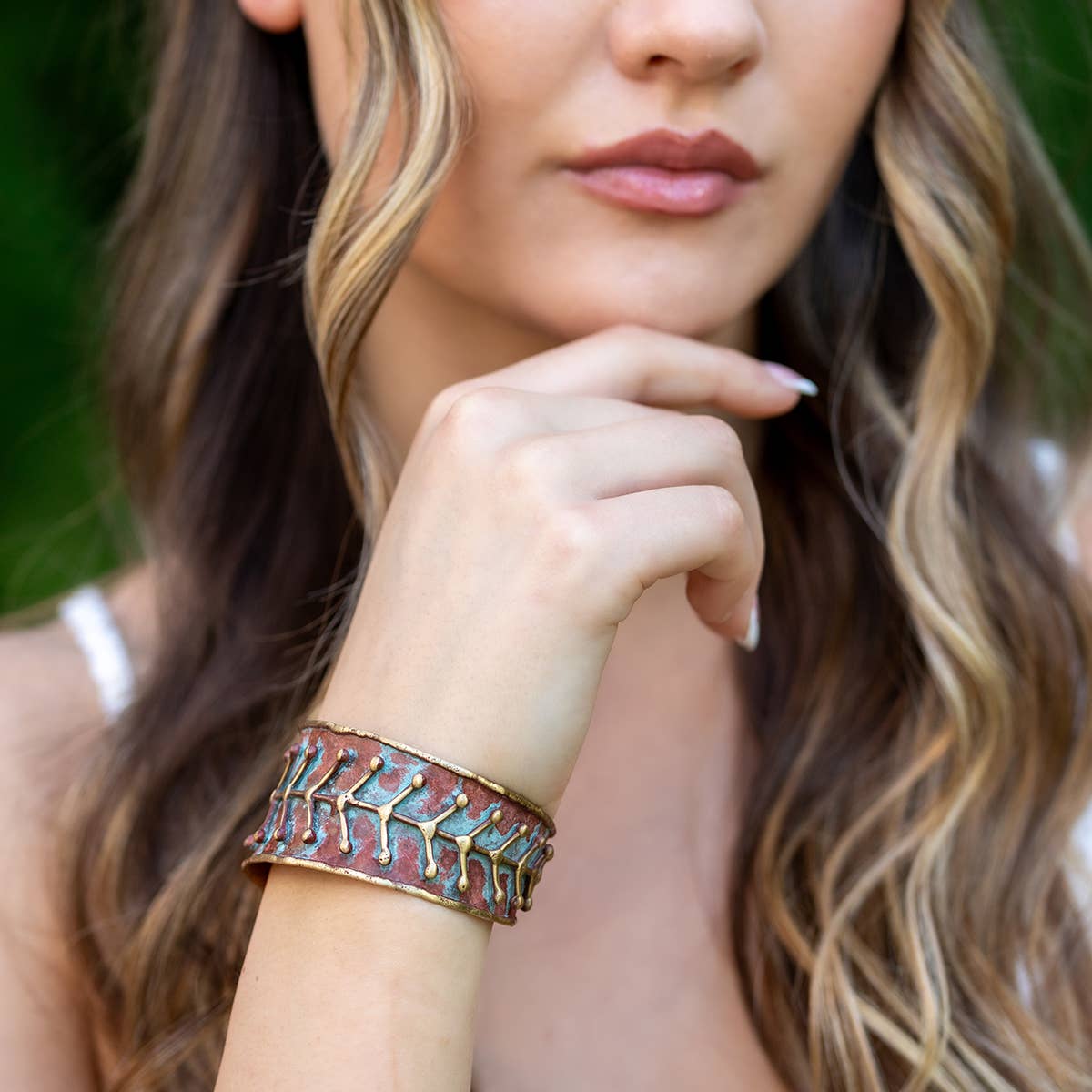 Brass Patina Cuff Bracelet - Rustic Blue Arrows - ivyandlavyboutique Anju Jewelry