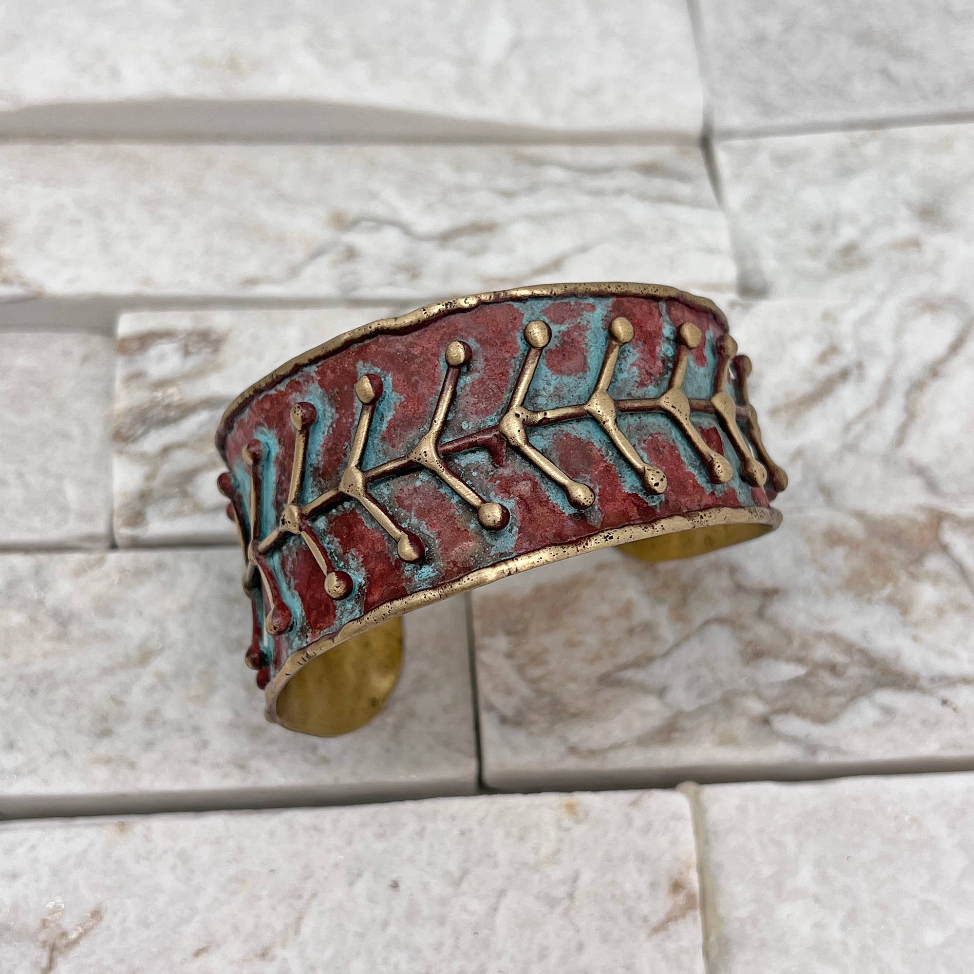 Brass Patina Cuff Bracelet - Rustic Blue Arrows - ivyandlavyboutique Anju Jewelry