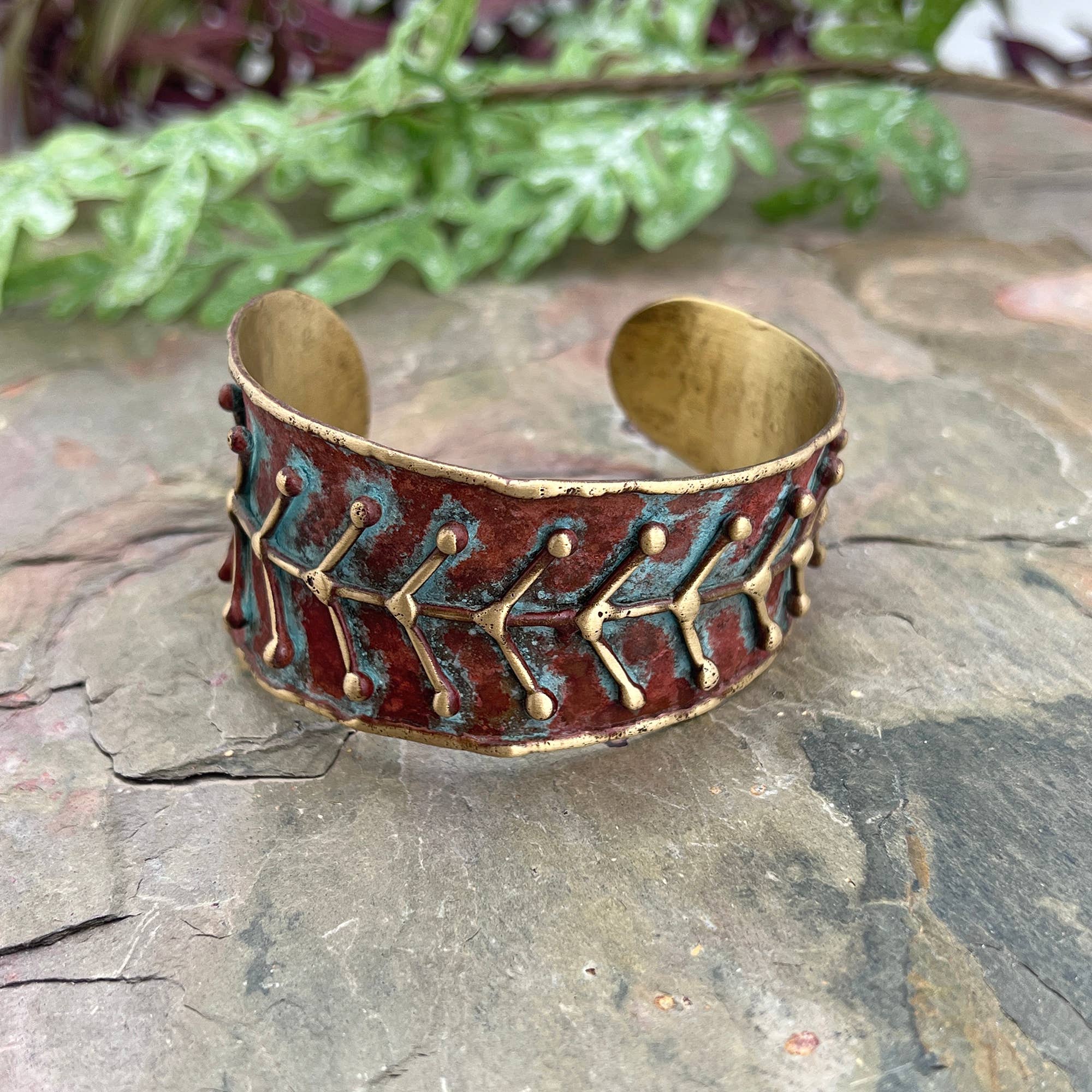 Brass Patina Cuff Bracelet - Rustic Blue Arrows - ivyandlavyboutique Anju Jewelry