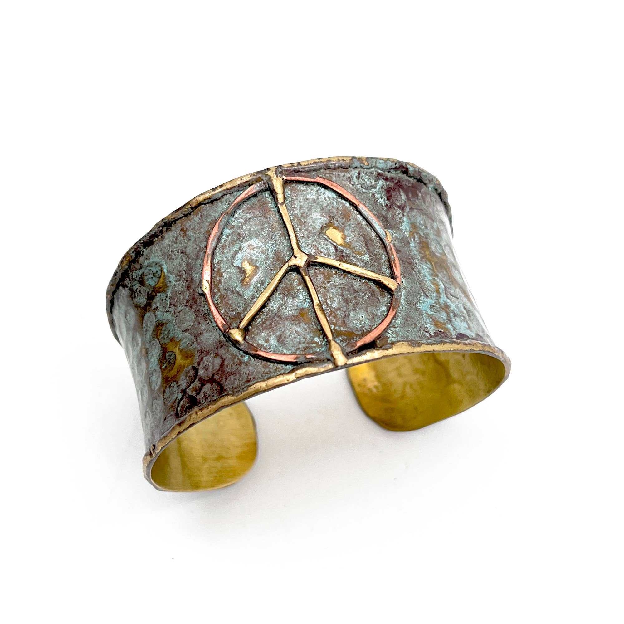 Brass Patina Cuff Bracelet - Rustic Blue Peace Sign - ivyandlavyboutique Anju Jewelry