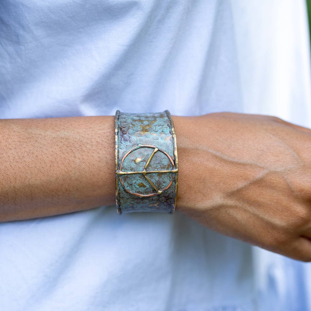 Brass Patina Cuff Bracelet - Rustic Blue Peace Sign - ivyandlavyboutique Anju Jewelry
