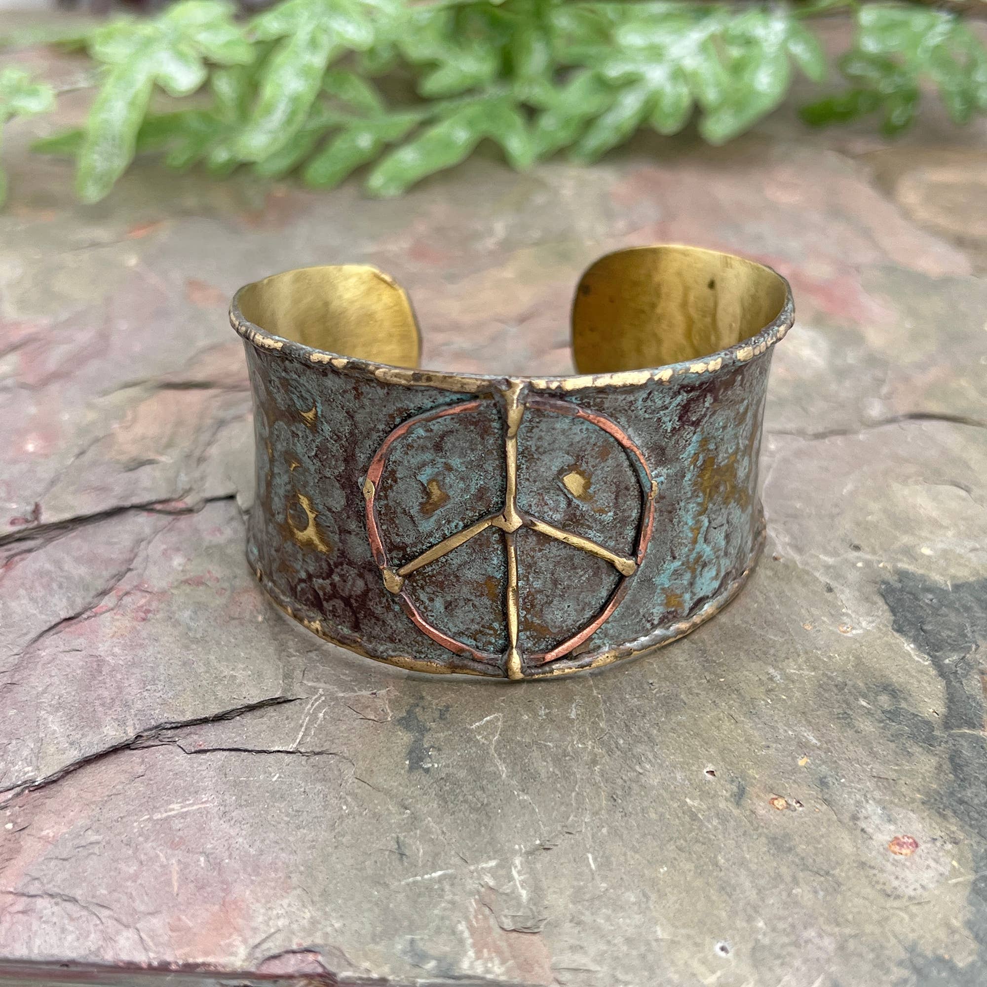 Brass Patina Cuff Bracelet - Rustic Blue Peace Sign - ivyandlavyboutique Anju Jewelry