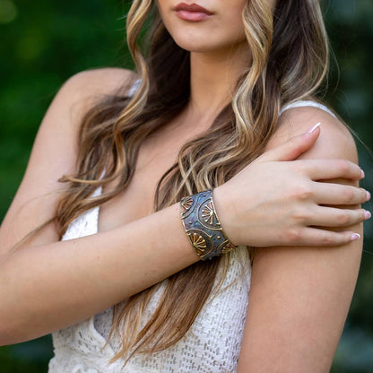 Brass Patina Cuff Bracelet - Rustic Blue Rising Sun - ivyandlavyboutique Anju Jewelry