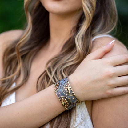 Brass Patina Cuff Bracelet - Rustic Blue Rising Sun - ivyandlavyboutique Anju Jewelry