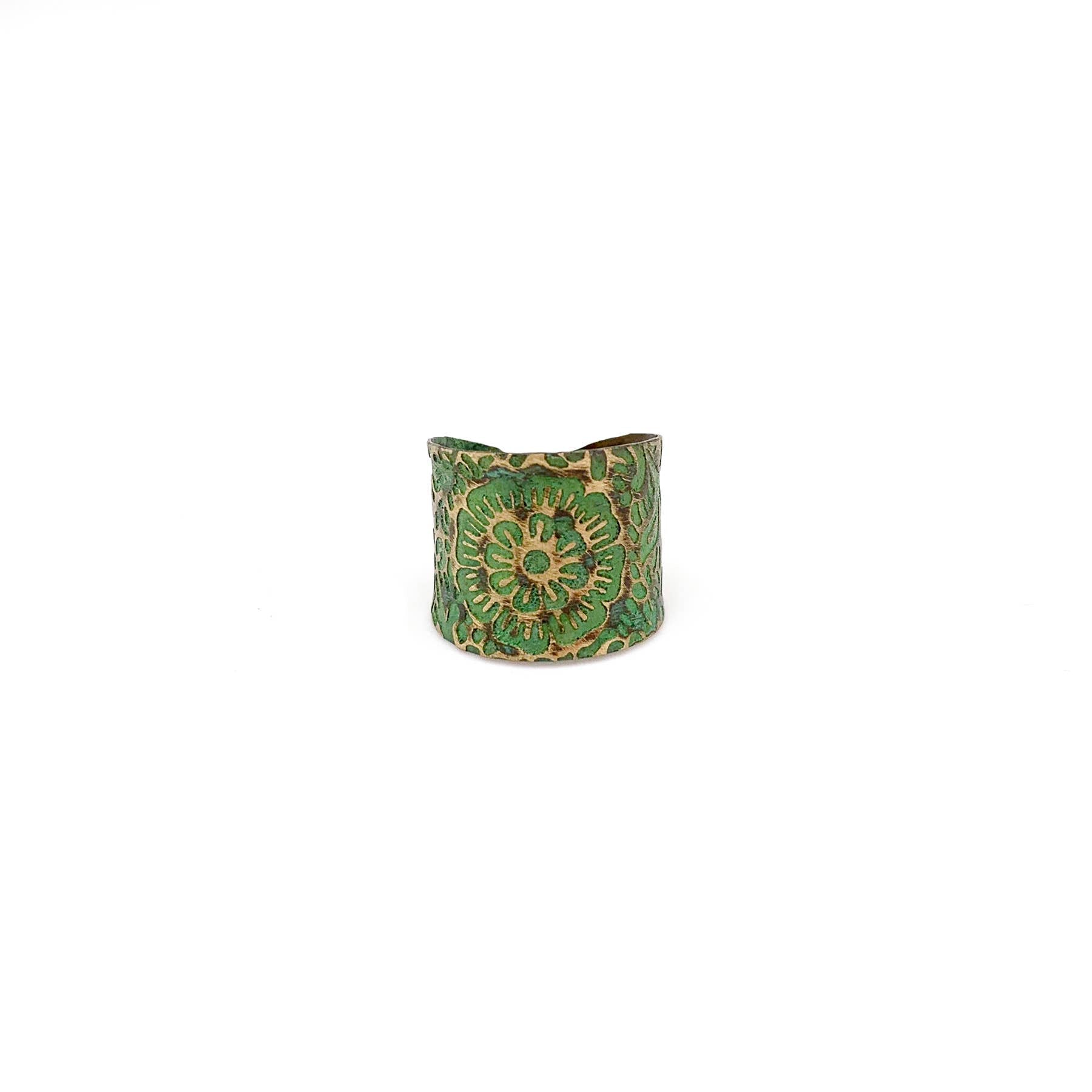 Brass Patina Ring - Chartreuse Floral Scrollwork Design - ivyandlavyboutique Anju Jewelry