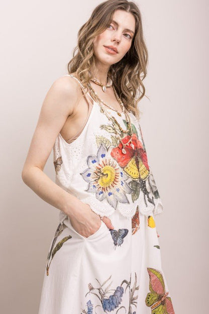Butterfly Flower Print Eyelet Tank Dress - ivyandlavyboutique Blue Velvet