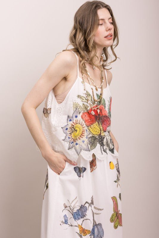 Butterfly Flower Print Eyelet Tank Dress - ivyandlavyboutique Blue Velvet