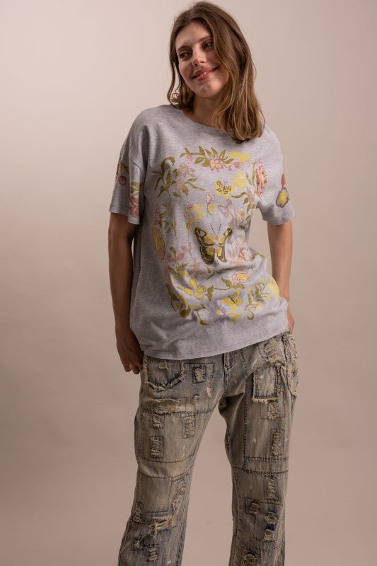 Butterfly In Garden Print Top in Dusty Blue - ivyandlavyboutique Blue Velvet