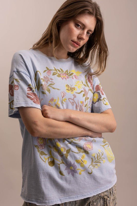 Butterfly In Garden Print Top in Dusty Blue - ivyandlavyboutique Blue Velvet