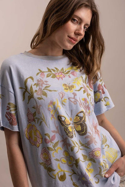 Butterfly In Garden Print Top in Dusty Blue - ivyandlavyboutique Blue Velvet