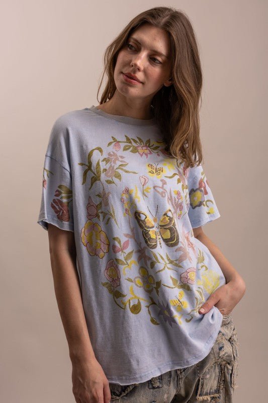 Butterfly In Garden Print Top in Dusty Blue - ivyandlavyboutique Blue Velvet