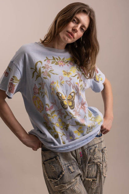 Butterfly In Garden Print Top in Dusty Blue - ivyandlavyboutique Blue Velvet