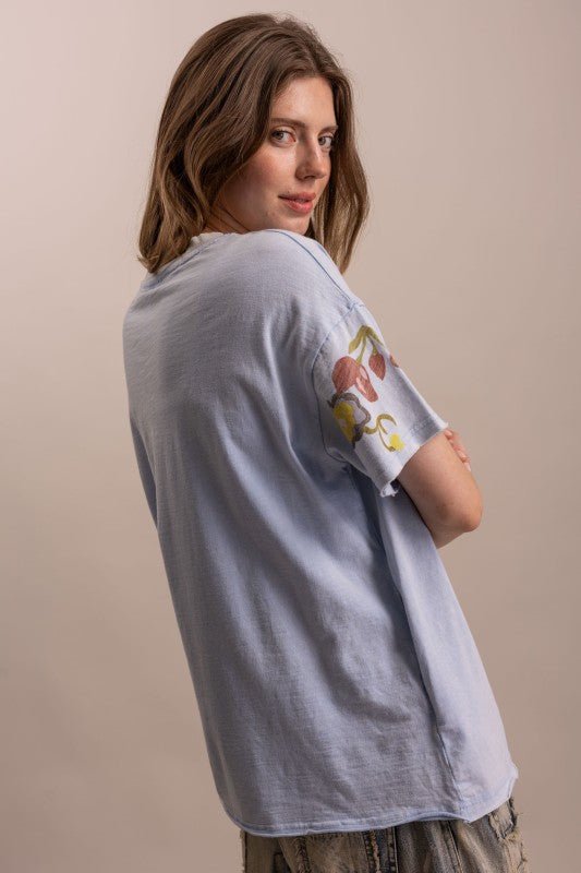 Butterfly In Garden Print Top in Dusty Blue - ivyandlavyboutique Blue Velvet