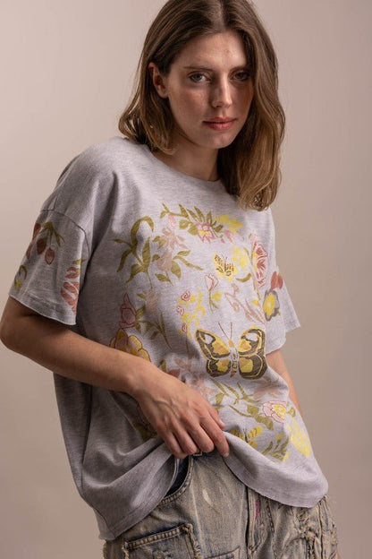 Butterfly In Garden Print Top in Dusty Blue - ivyandlavyboutique Blue Velvet