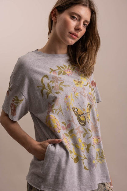 Butterfly In Garden Print Top in Dusty Blue - ivyandlavyboutique Blue Velvet