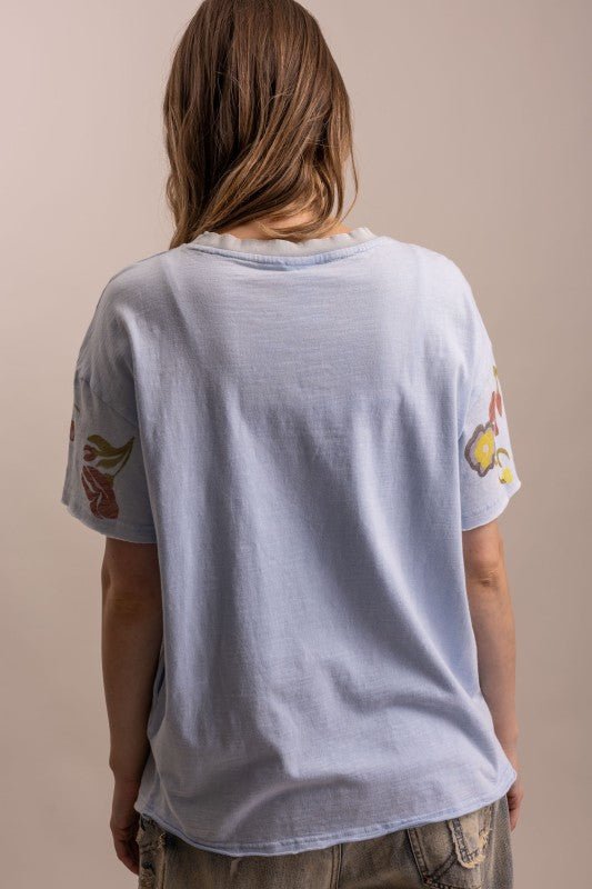 Butterfly In Garden Print Top in Dusty Blue - ivyandlavyboutique Blue Velvet