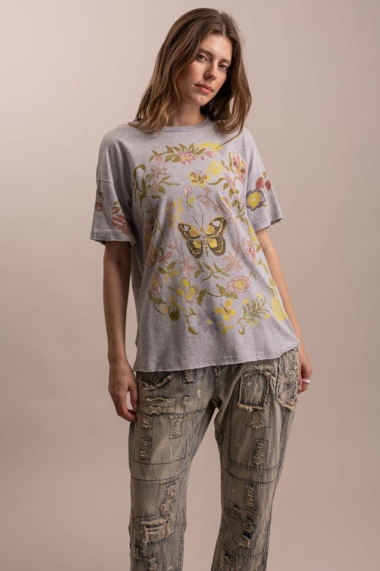 Butterfly In Garden Print Top in Dusty Blue - ivyandlavyboutique Blue Velvet