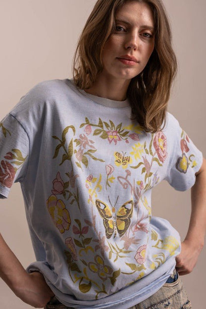 Butterfly In Garden Print Top in Dusty Blue - ivyandlavyboutique Blue Velvet