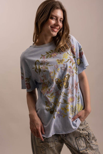 Butterfly In Garden Print Top in Dusty Blue - ivyandlavyboutique Blue Velvet