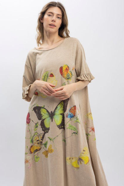 Butterfly Prance Midi Tunic Dress in Tan - ivyandlavyboutique Blue Velvet