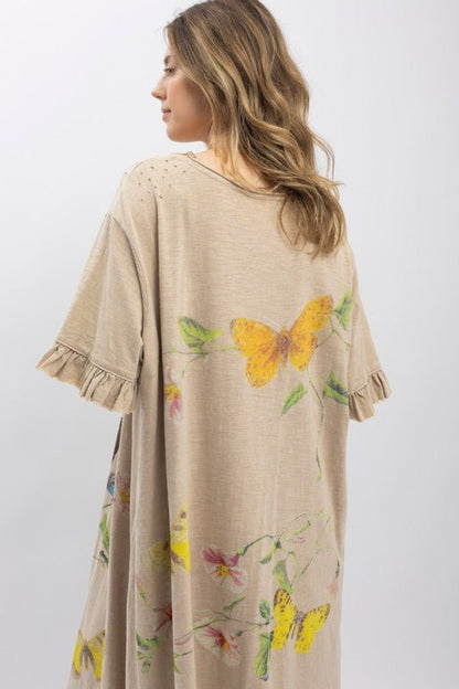 Butterfly Prance Midi Tunic Dress in Tan - ivyandlavyboutique Blue Velvet
