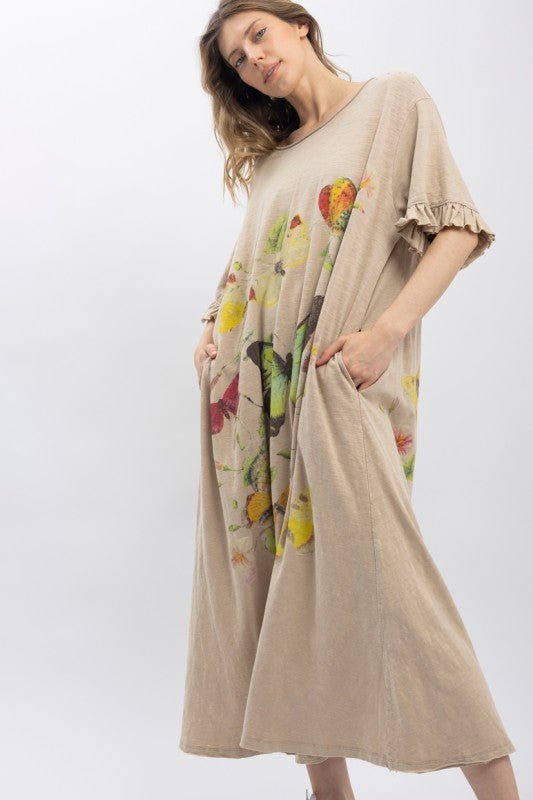 Butterfly Prance Midi Tunic Dress in Tan - ivyandlavyboutique Blue Velvet