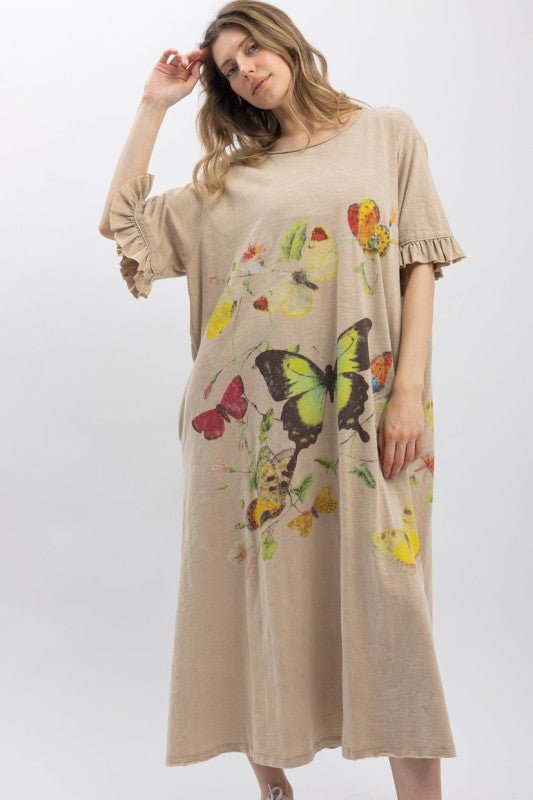 Butterfly Prance Midi Tunic Dress in Tan - ivyandlavyboutique Blue Velvet