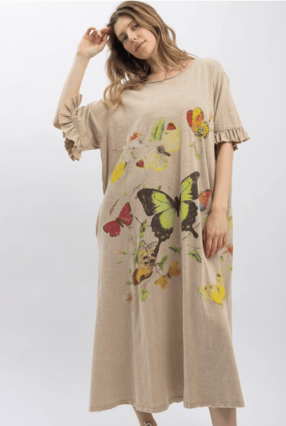 Butterfly Prance Midi Tunic Dress in Tan - ivyandlavyboutique Blue Velvet