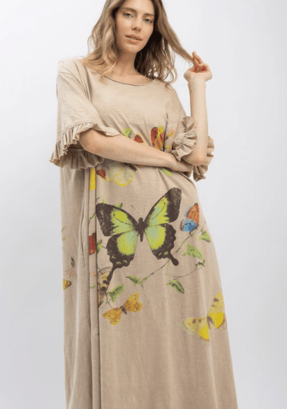Butterfly Prance Midi Tunic Dress in Tan - ivyandlavyboutique Blue Velvet