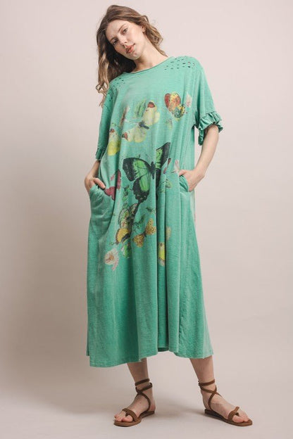 Butterfly Prance Midi Tunic Dress in Teal - ivyandlavyboutique Blue Velvet