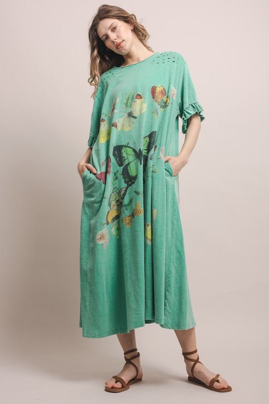 Butterfly Prance Midi Tunic Dress in Teal - ivyandlavyboutique Blue Velvet