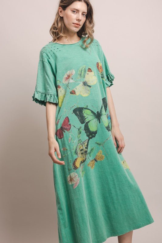 Butterfly Prance Midi Tunic Dress in Teal - ivyandlavyboutique Blue Velvet