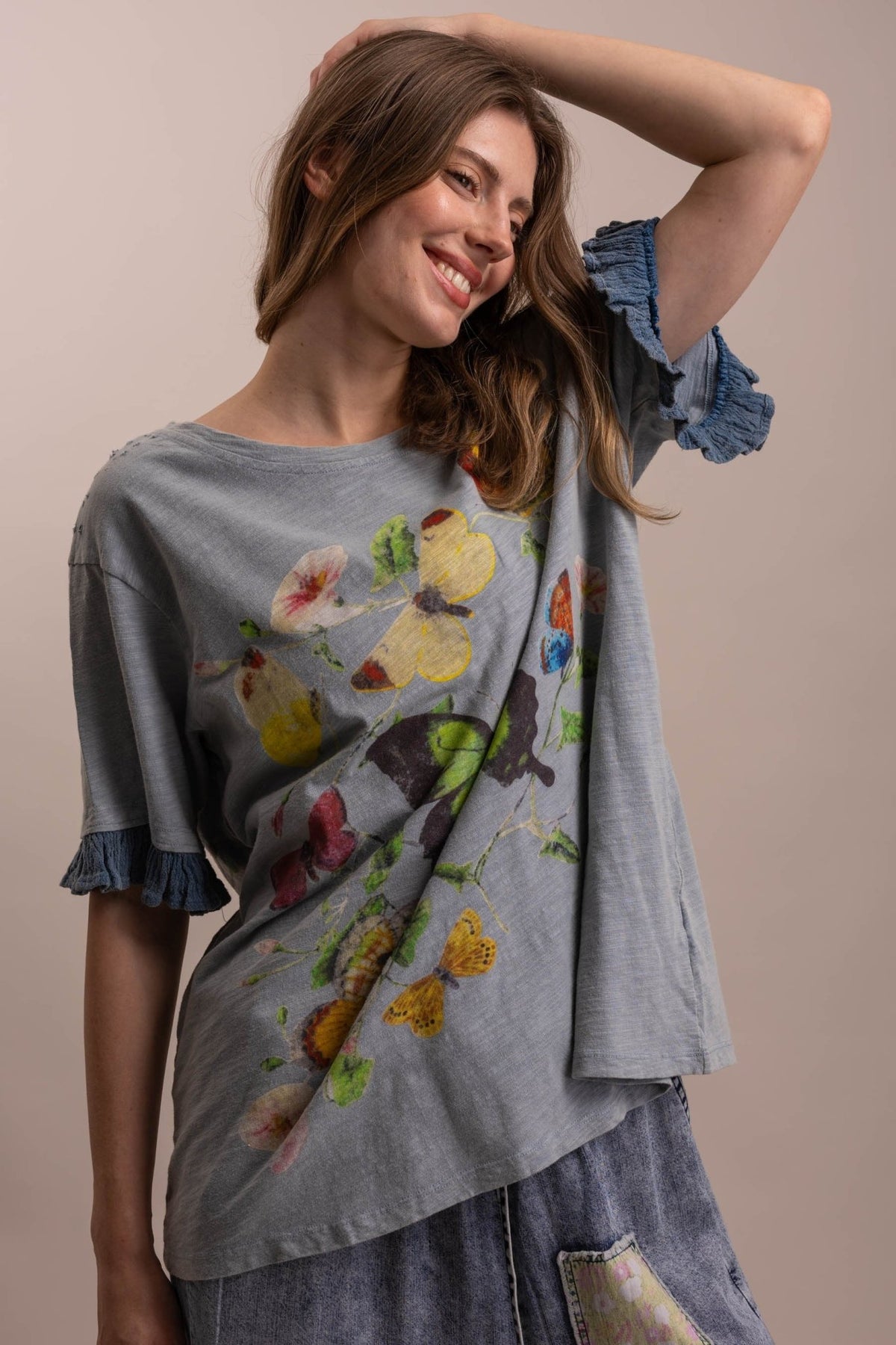 Butterfly Print Ruffle Short Sleeve Top - Boho Wanderlust Boutique Blue Velvet
