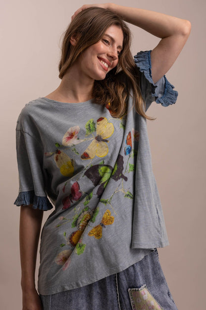 Butterfly Print Ruffle Short Sleeve Top - Boho Wanderlust Boutique Blue Velvet