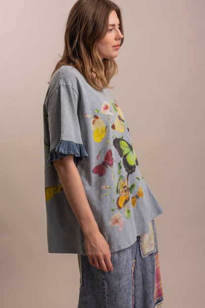 Butterfly Print Ruffle Short Sleeve Top - Boho Wanderlust Boutique Blue Velvet
