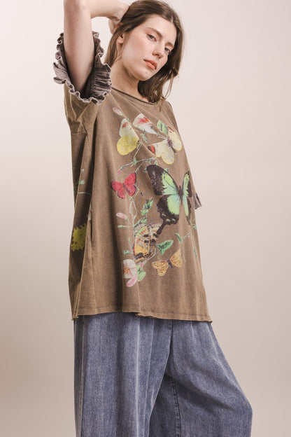 Butterfly Print Ruffle Short Sleeve Top - Boho Wanderlust Boutique Blue Velvet