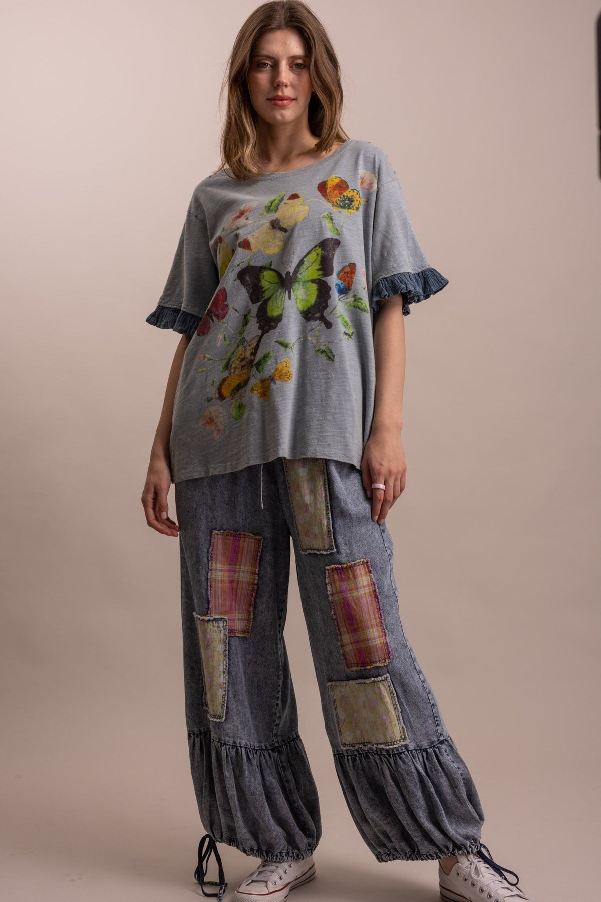 Butterfly Print Ruffle Short Sleeve Top - Boho Wanderlust Boutique Blue Velvet