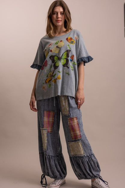 Butterfly Print Ruffle Short Sleeve Top - Boho Wanderlust Boutique Blue Velvet